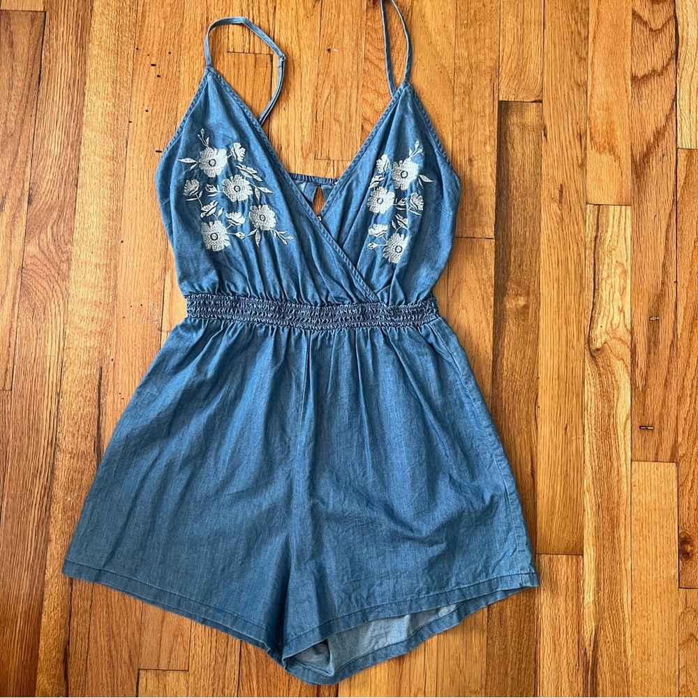 Love Tree Floral Embroidered Chambray Romper